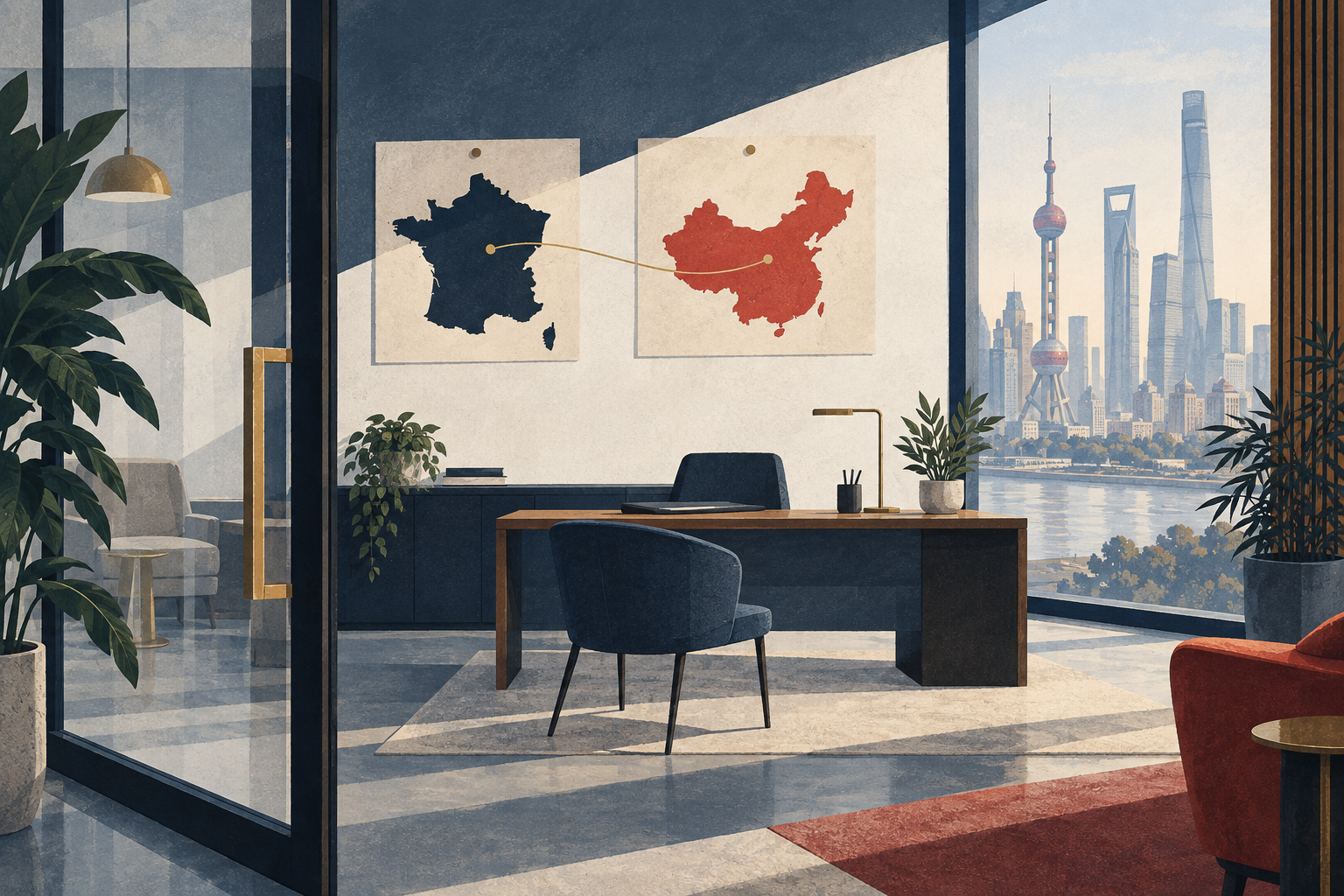 Illustration d’un bureau de représentation reliant la France et la Chine, face au paysage urbain de Shanghai
